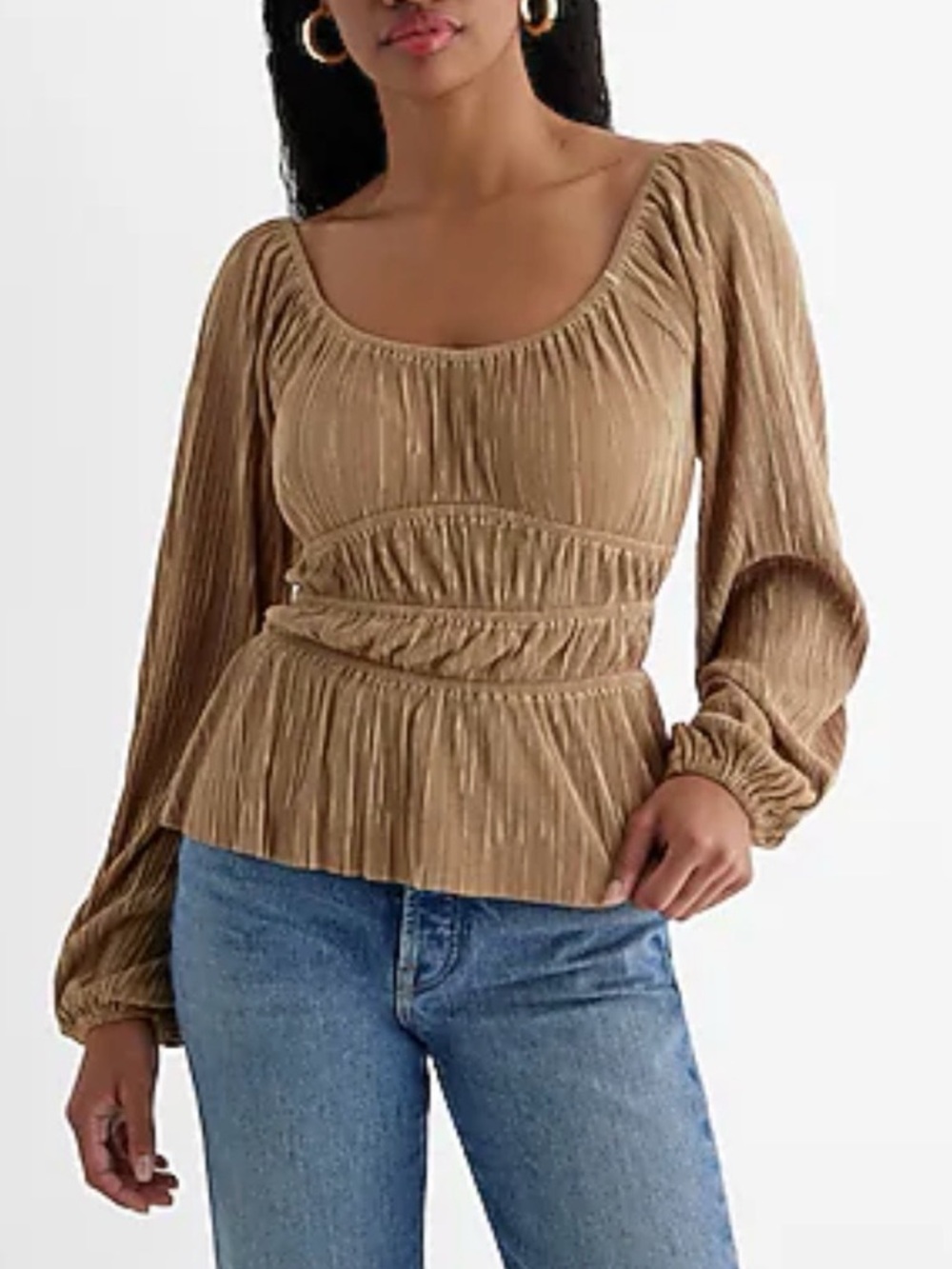 NWT Express Tan/Gold Skimming Scoop Pleated Peplum Top L